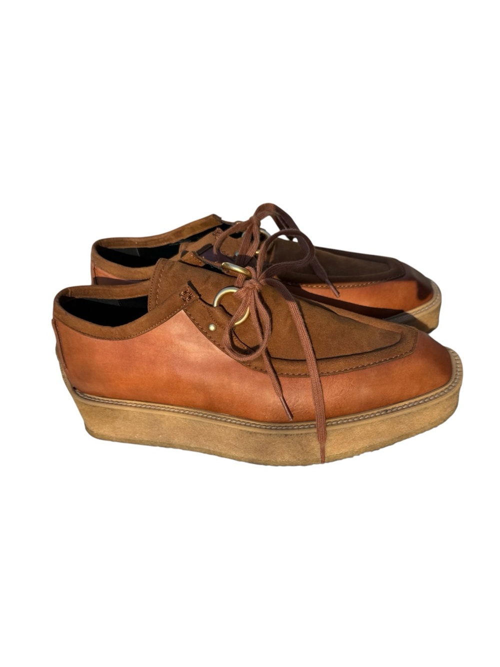 Stella McCartney Suede & Leather Lace-Up Loafers in Cognac, Size 39+ - Picture 2 of 6